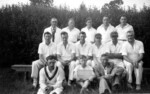 1952 Great Ellingham Cricket Club. Back Row (facing) far right Keith ? next along Dick Skitmore. Middle Row (facing) from right Jim Fowle, Basil Jude, Basil or Geoffrey? Fincham, Roy Melton?, Peter Squires, unknown. Front row (facing) far right Charlie Melton and far left Basil or Geoffrey? Fincham. Photograph courtesy of David Fowle