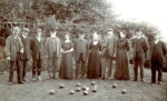 Gathering for a game of bowls at Pound Farm, Rockland All Saints the home of John & Mary Gladden. George Downes third from left (as facing photograph). Photograph courtesy of Lucinda Bell-Tye