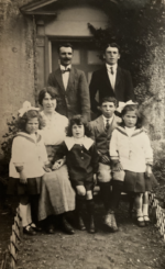 The Sadd Family at White House Farm. Back Row: James Sadd with son James Sadd. Alice Sadd is sitting with son Rupert. Left to right standing are Elizabeth & John (twins) and Joceleyn. Courtesy Barbara Boutle